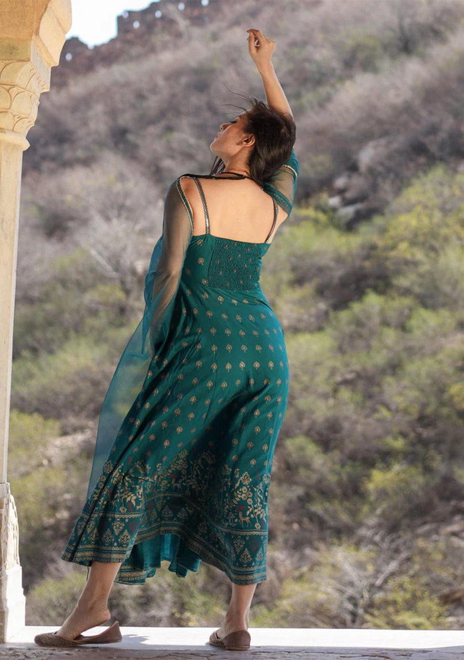 Rama green Rayon Shoulder Strip Anarkali Kurta with Net Dupatta