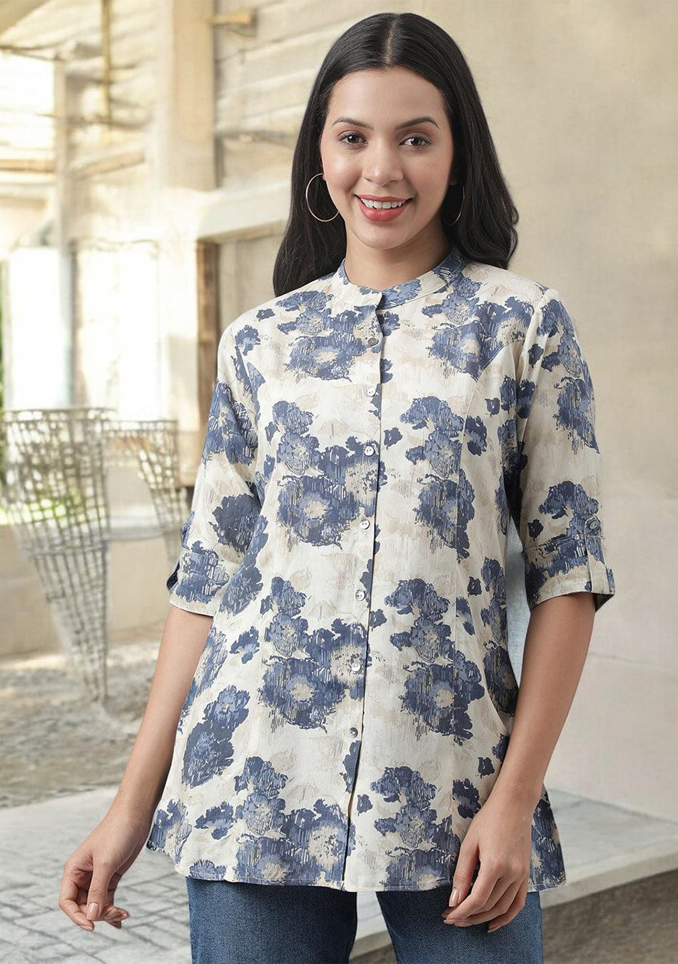 Cream Floral Printed Rayon A-line Shirt Style Top