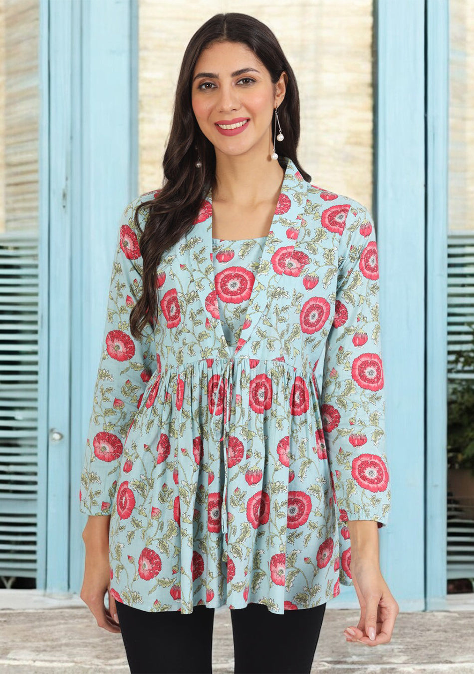 Sky Blue Floral Printed Cotton Top