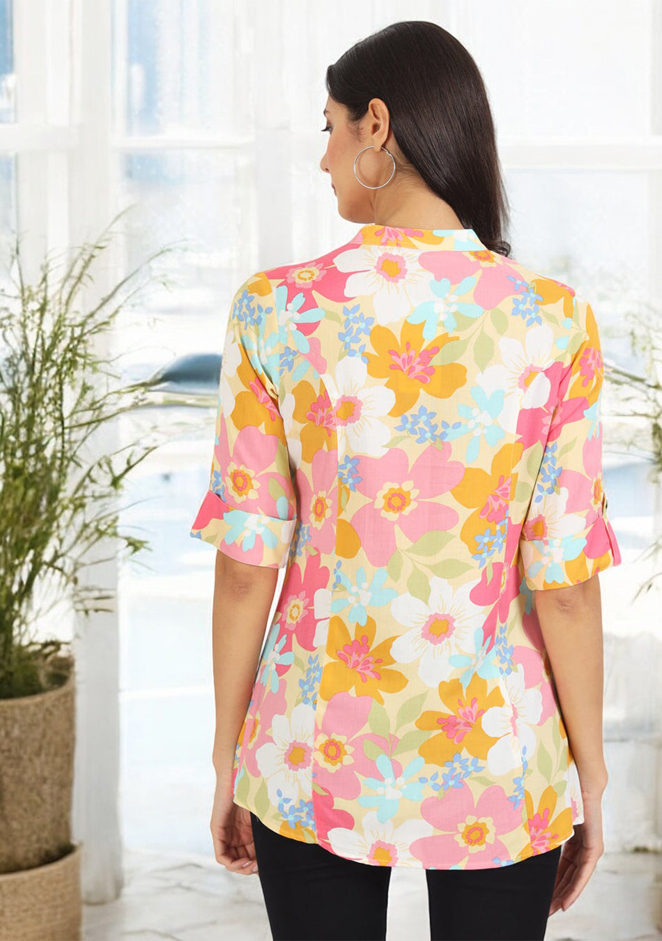 Yellow Floral Printed Fold Sleeve Rayon Top