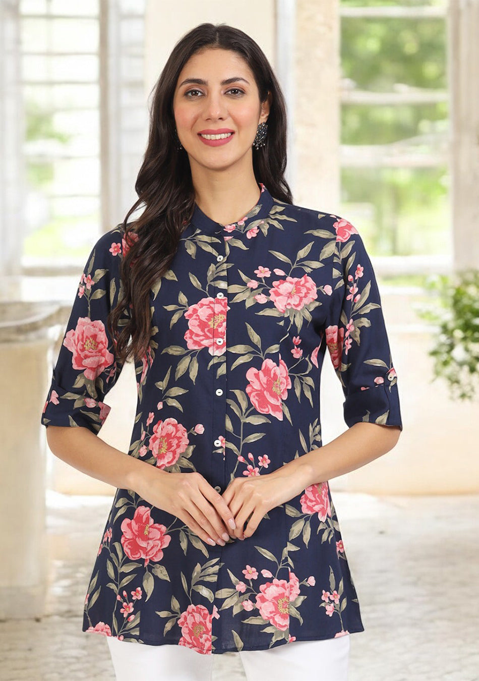 Navy Blue Floral Printed Rayon Top