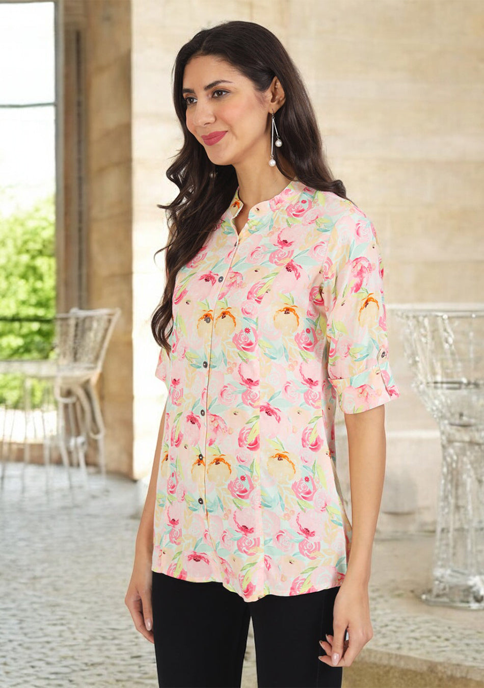 Green Floral Printed Rayon Top