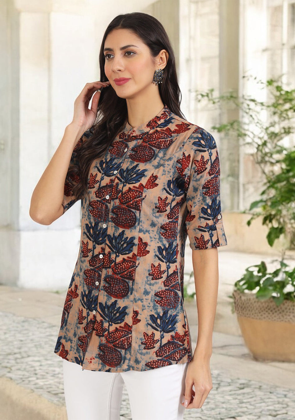 Beige Multi Floral Printed Rayon Top