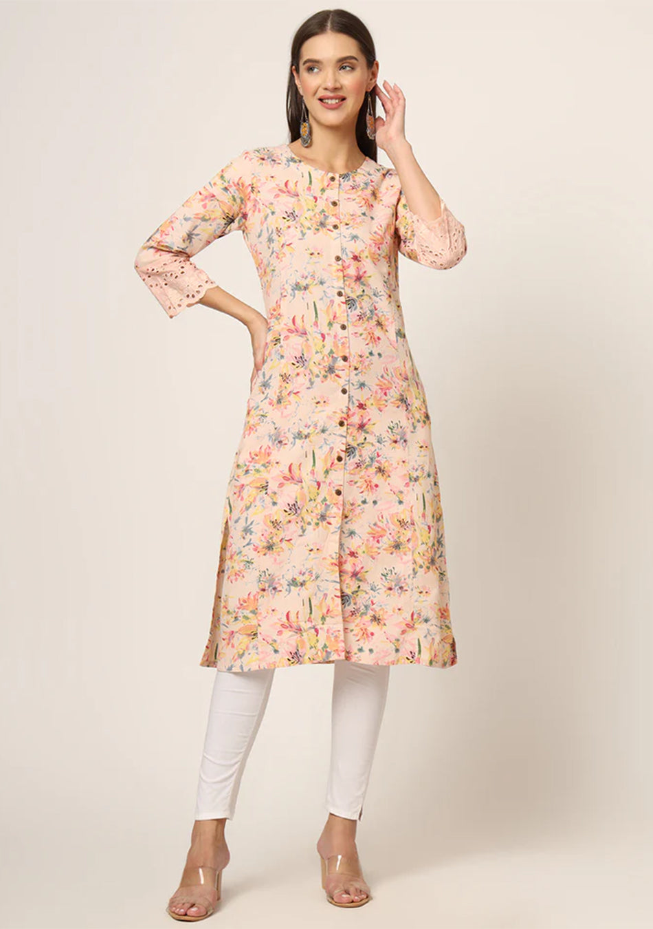 Pink Floral Printed Cotton A-Line Fold Sleeve Kurta