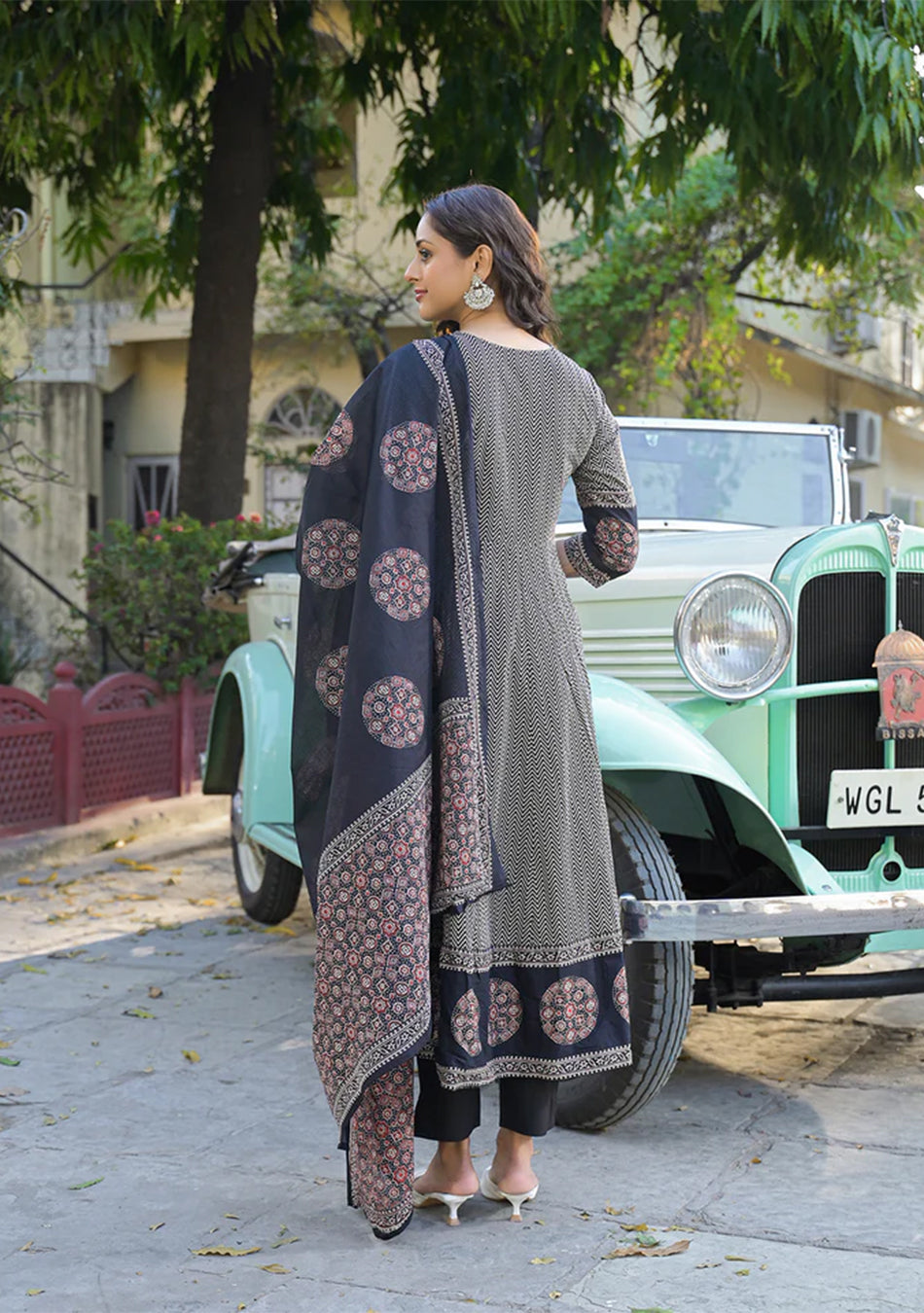 Black Printed Cotton Fabric Anarkali Kurta Pant With Dupatta
