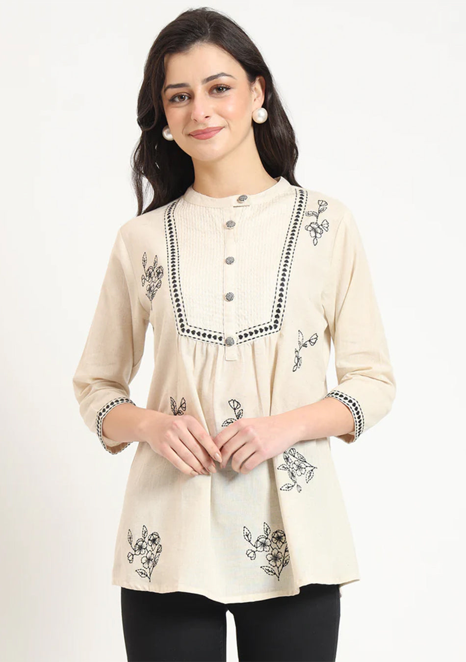 Off White Cotton Round Neck Embroidery Top