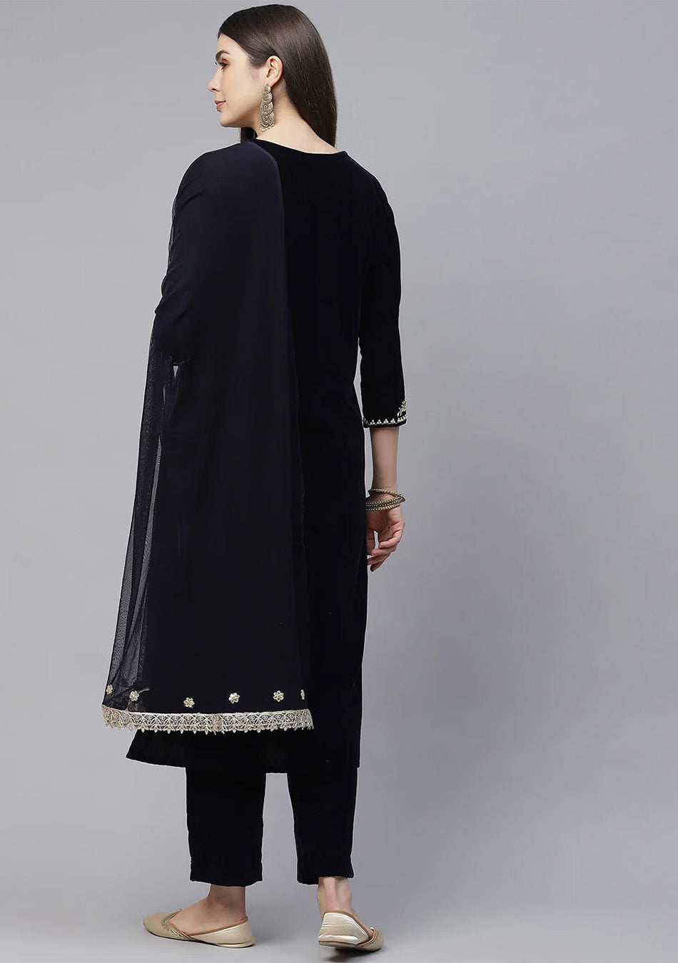 Royal Blue Velvet hand work Kurta pant With Net Dupatta set