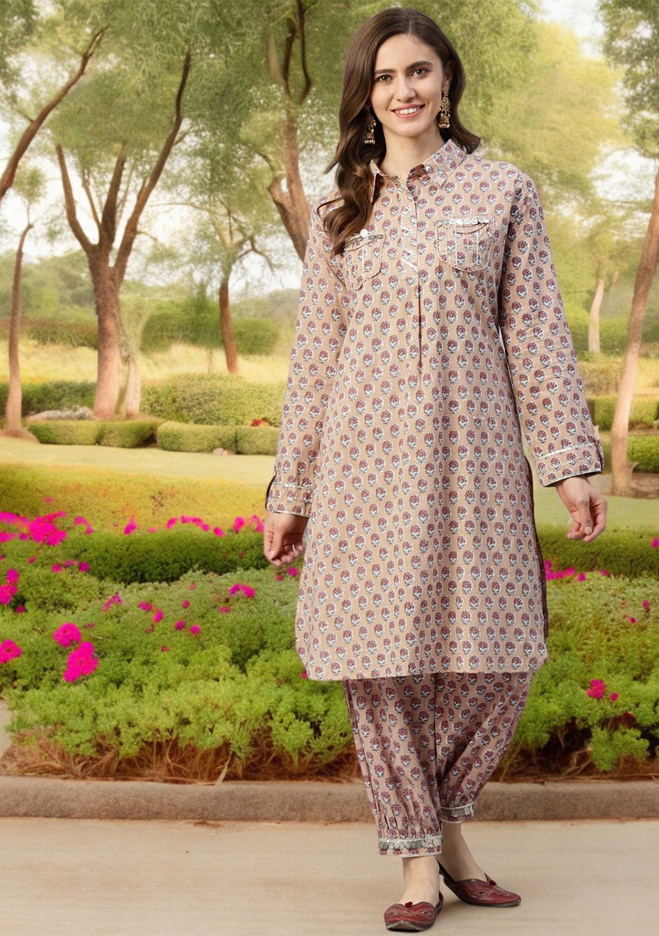Beige Cotton Shirt Style Kurta Hem Cuffed Pant Co-ord Set
