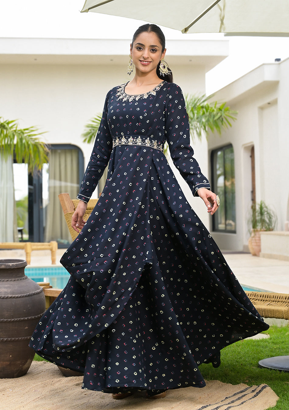 Navy Blue Bandhani Print Flared Long Dress with Belt