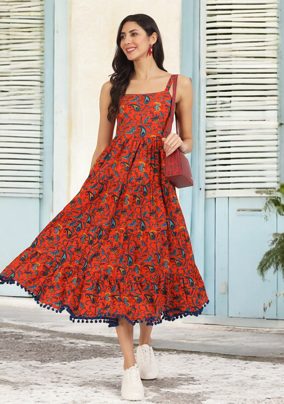 Red Floral Printed Cotton Dress
