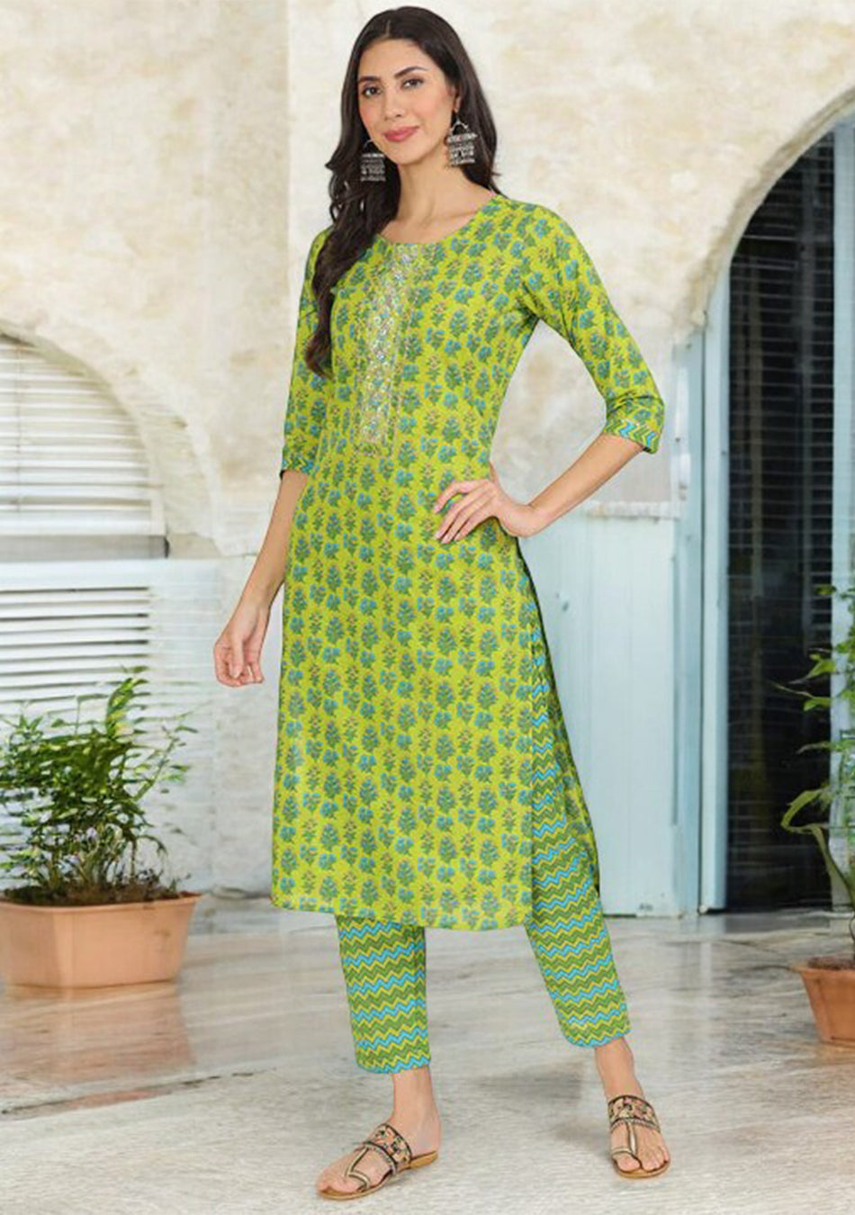 Green Floral Print Cotton Kurta Pants with Dupatta