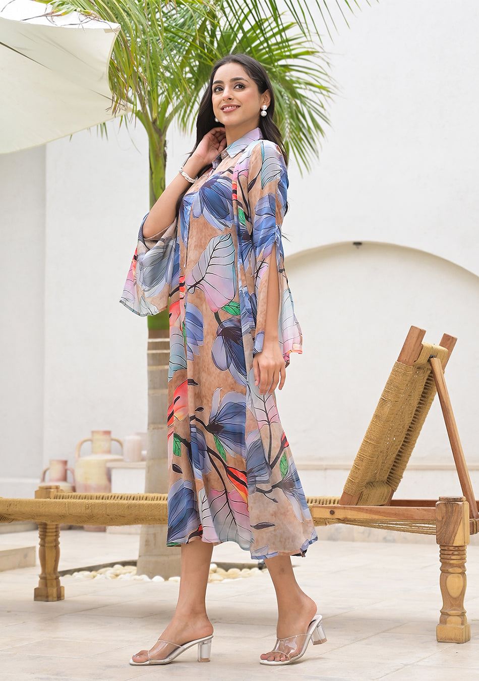 Blue Multi Digital Printed Chinon Kaftan Dress