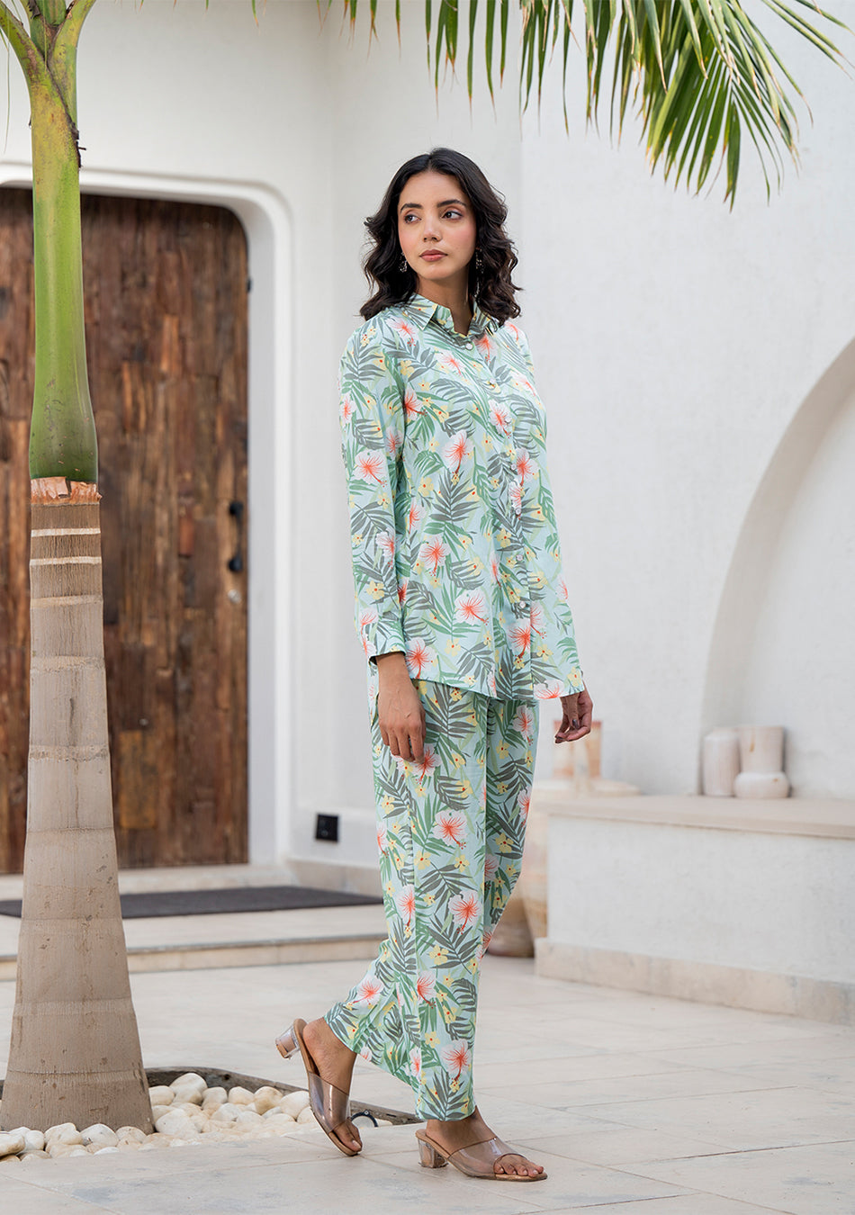 Sky Blue Floral Printed Rayon Co-ord Set