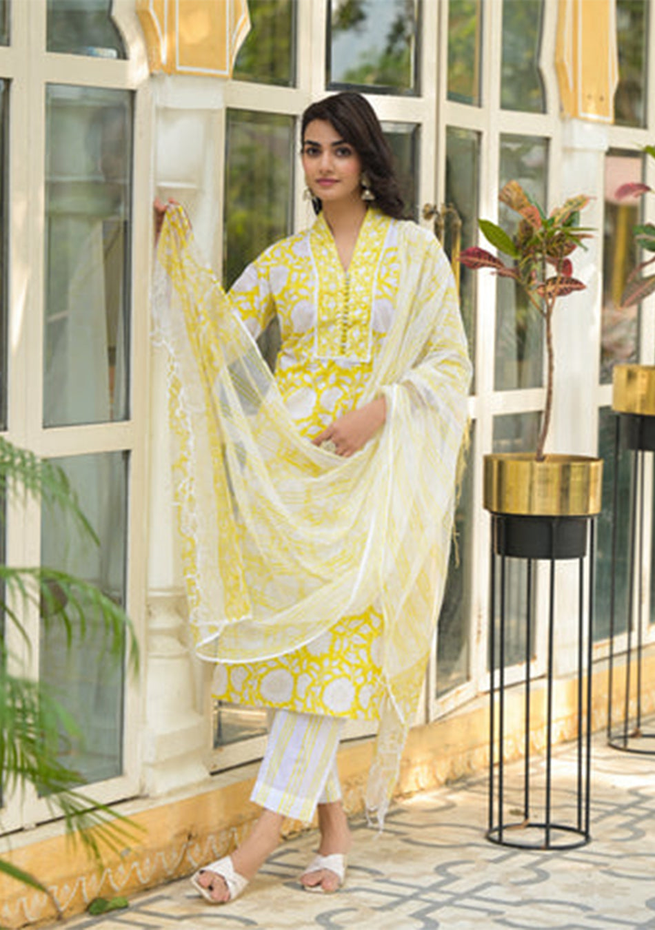 Yellow Hand Block Print Pure Cotton Straight Kurta Set