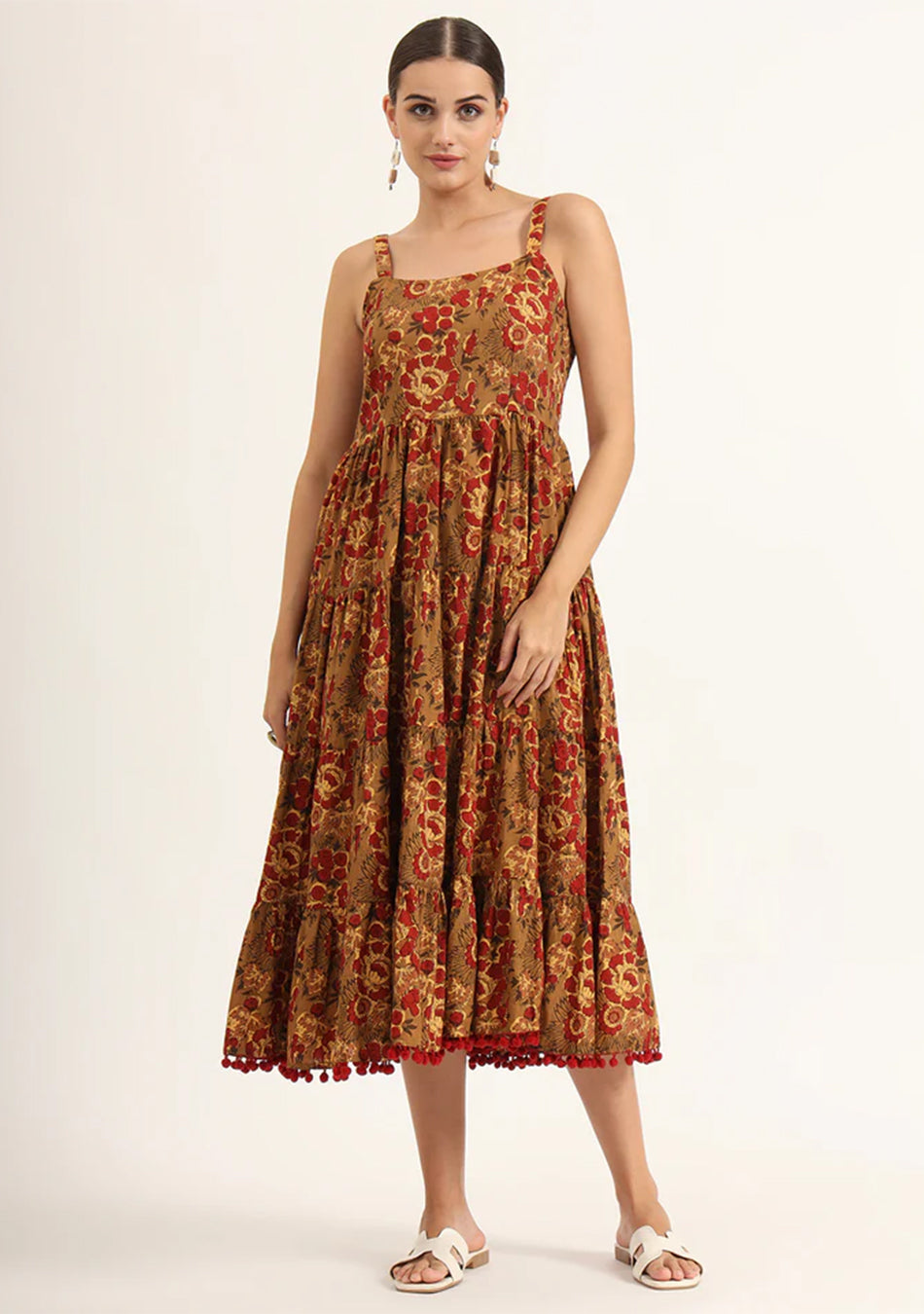Brown Floral Print Pure Cotton Fit & Flare Dress