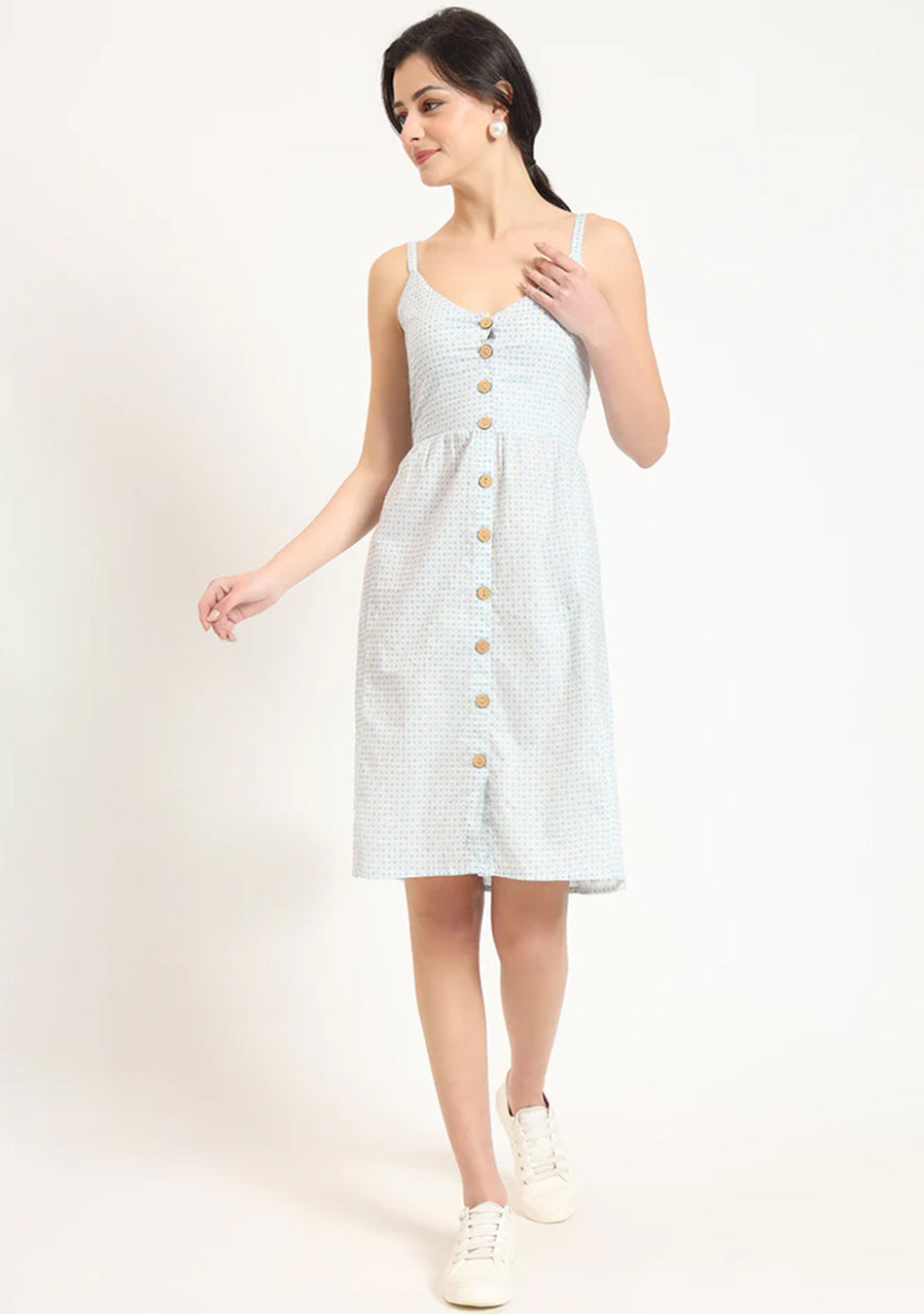 Blue Ethnic Motif Shoulder Strip Dress
