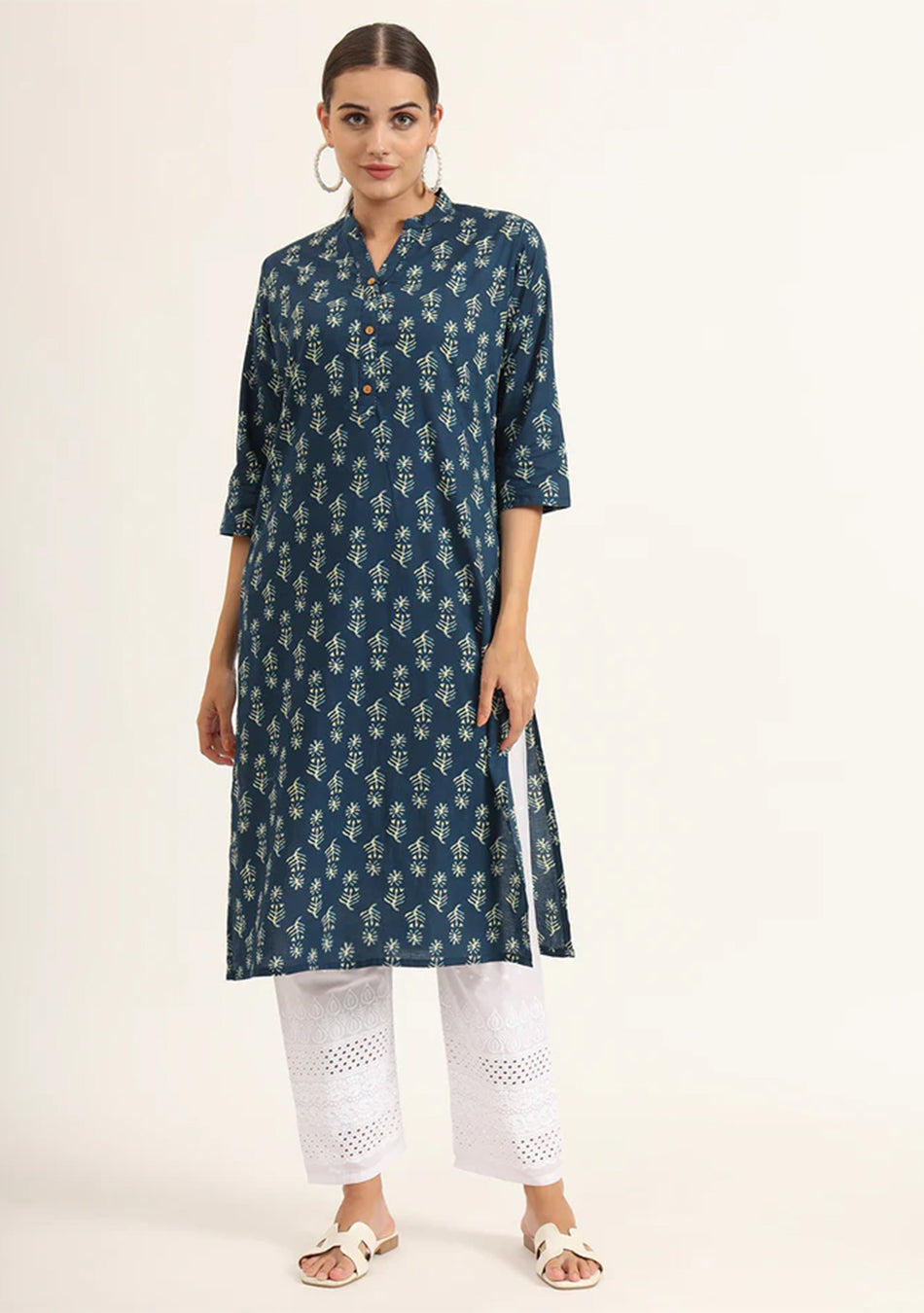 Blue Floral Print Pure Cotton Straight Kurta