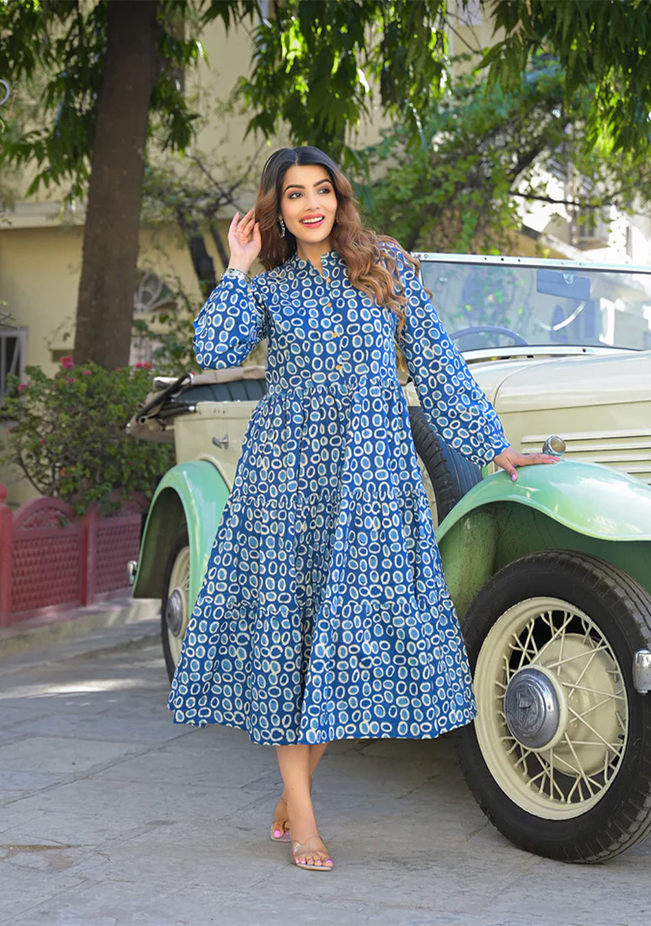 Blue Floral Print Cotton Fabric Fit Flared Dress