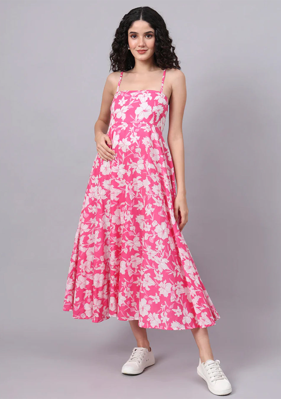 Pink Floral Shoulder Straps Cotton Dress