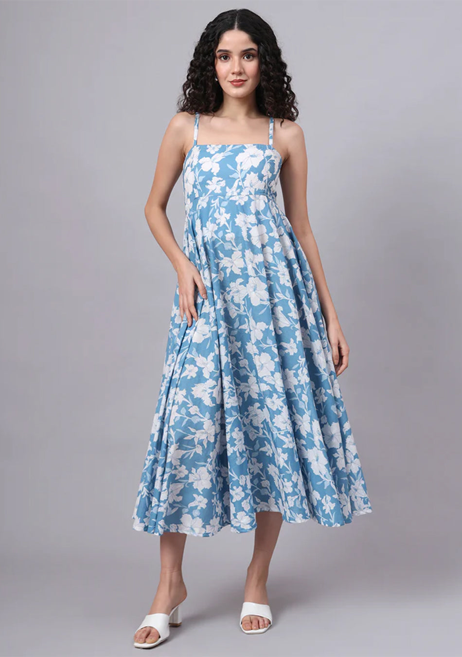 Blue Floral Shoulder Straps Cotton Dress