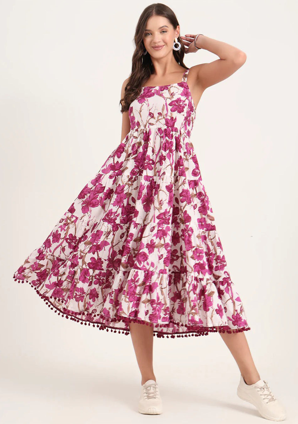 Purple Printed Cotton Shoulder Strap Pompom Dress