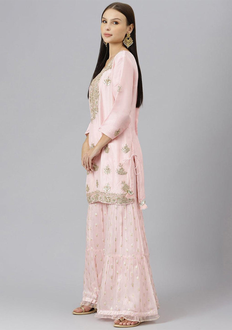 Women Pink Yoke Design Zardozi Chanderi Silk Kurta with Sharara & With Dupatta