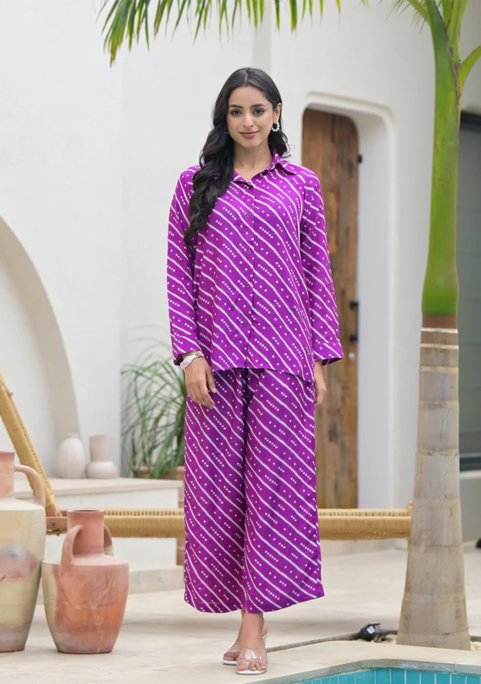Purple Stripes Shirt With Trousers Co-Ords