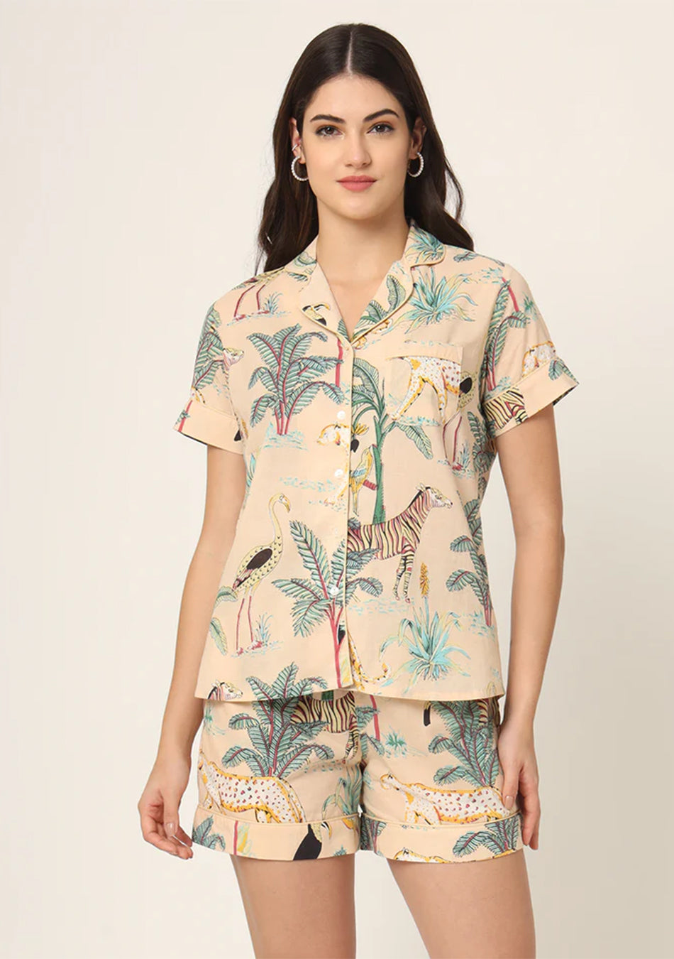 Cream Floral Print Pure Cotton Regular Night Suit