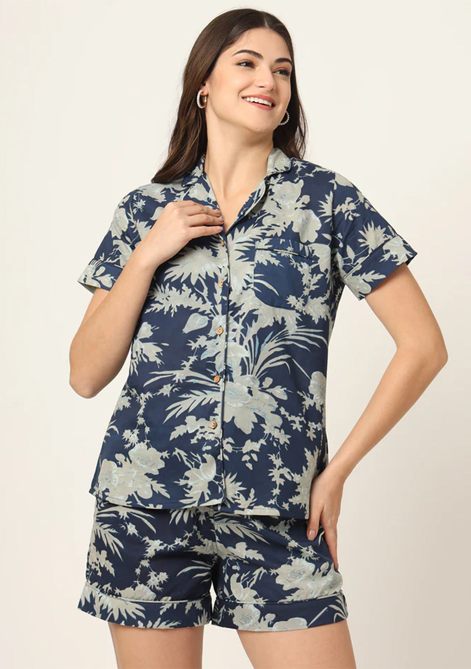 Navy Blue Printed Pure Cotton Regular Night Suit