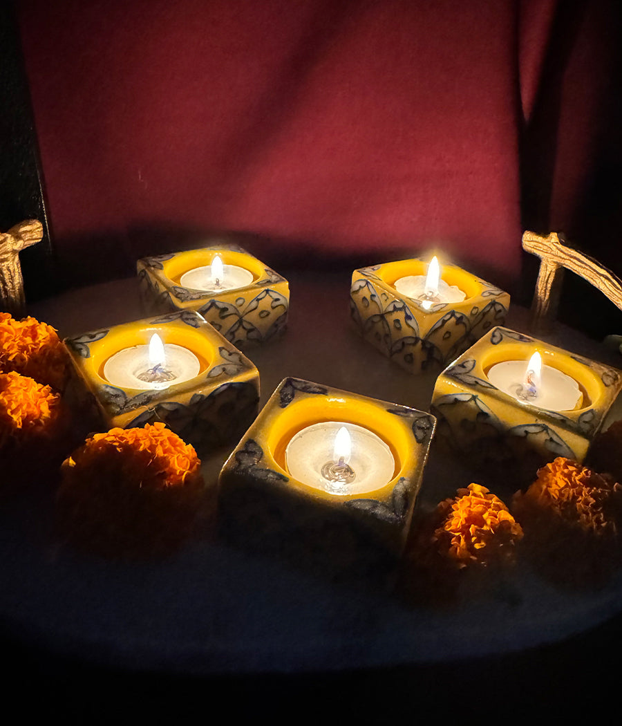 Blue Pottery Square Diyas - Set of 6