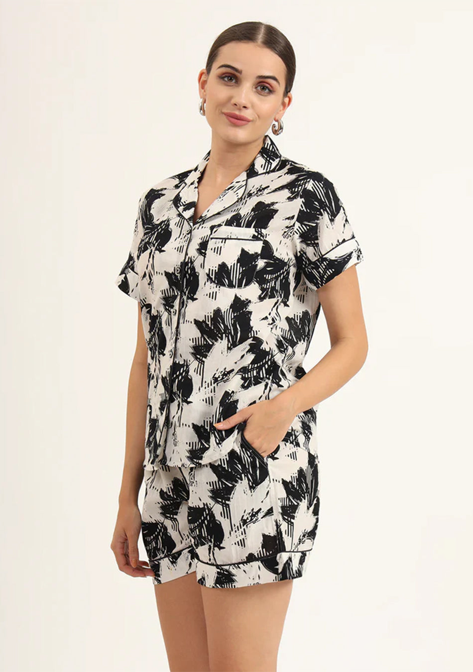 Black & White Asymetric Print Pure Cotton Regular Night Suit