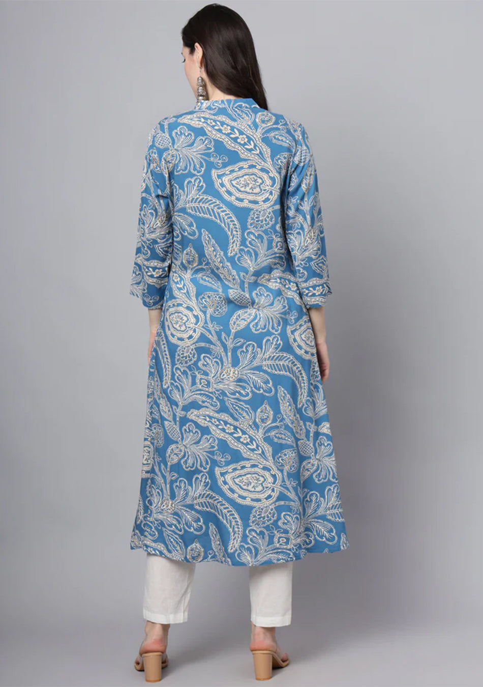 Blue Rayon Printed-A-Line Kurta