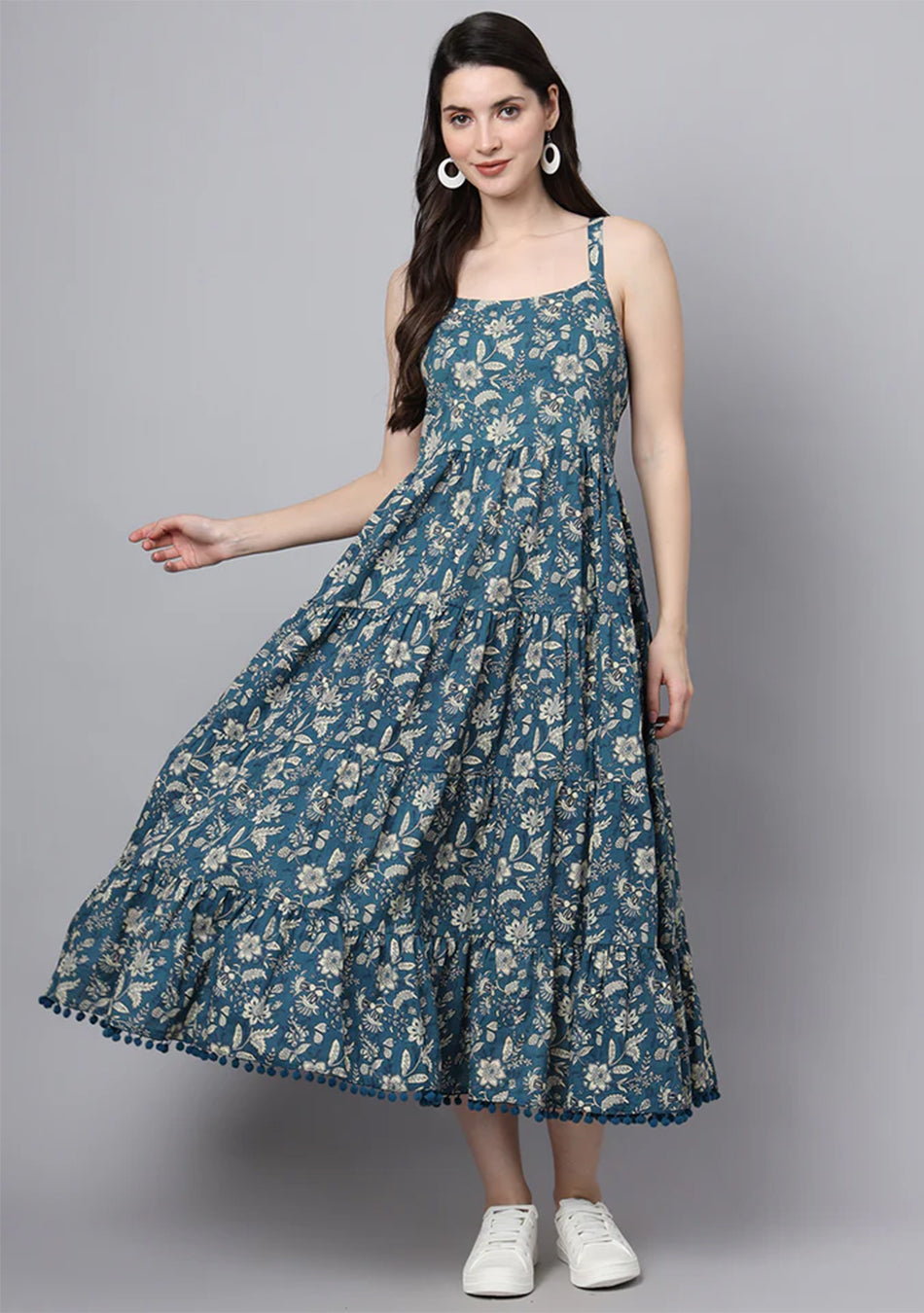 Floral Printed Shoulder Straps Cotton Flared Dress