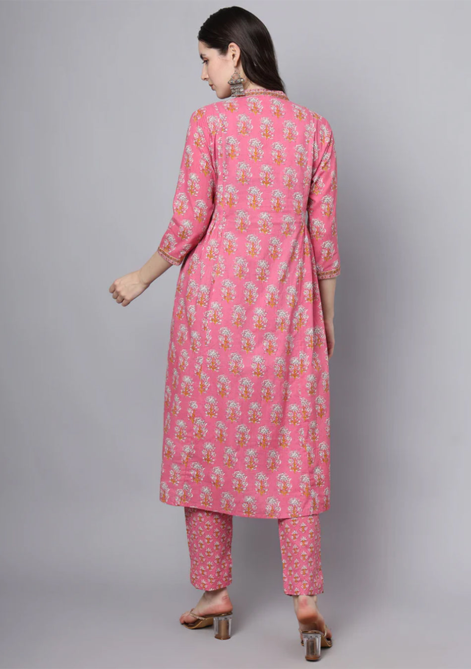 Pink Cotton Printed Sequin Work Kurta Set
