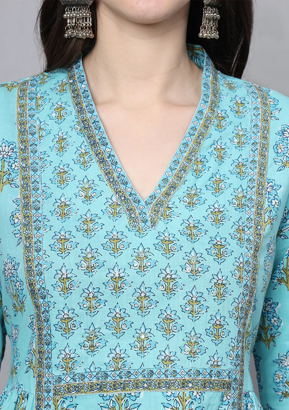 Sky Blue Cotton Printed Sequin Kurta Set
