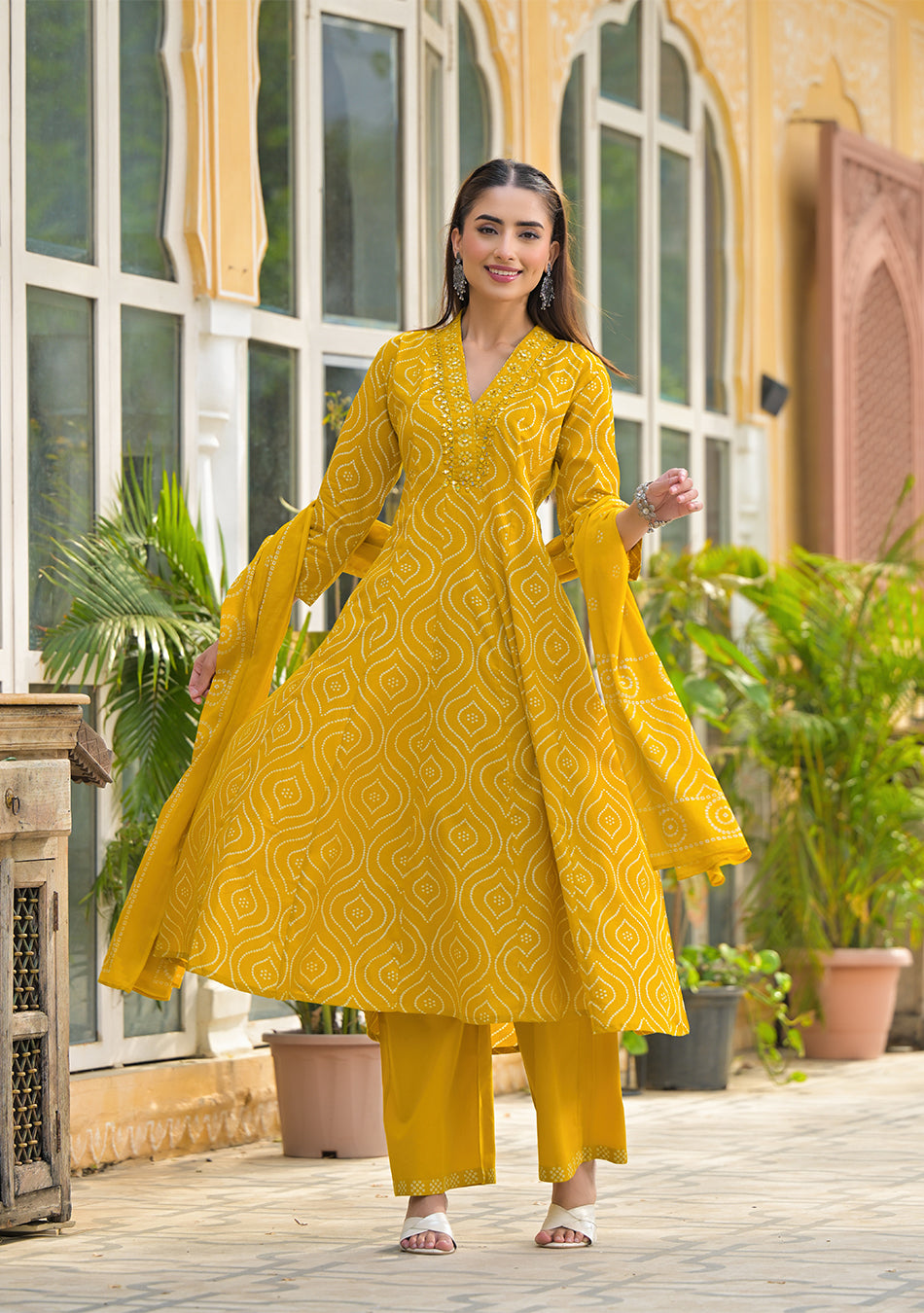 Mustard Bandhani Anarkali Suit Set