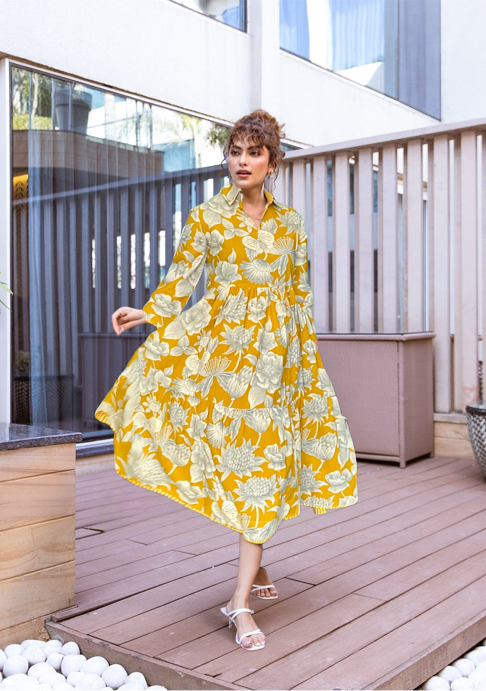 Yellow Botanical Tiered Dress