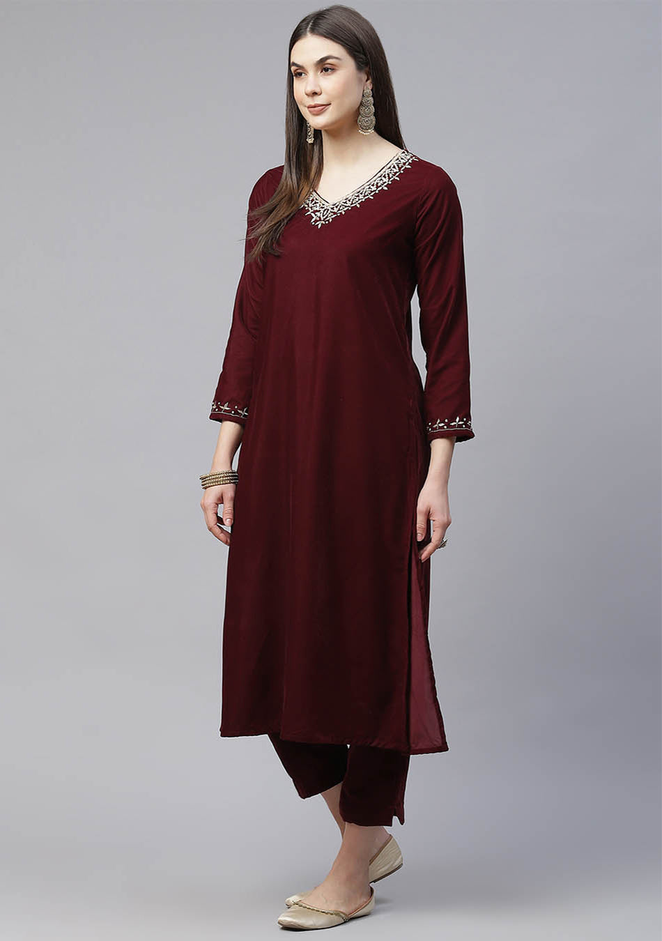 Maroon Velvet Hand Work Kurta Pant With Net Dupatta Set