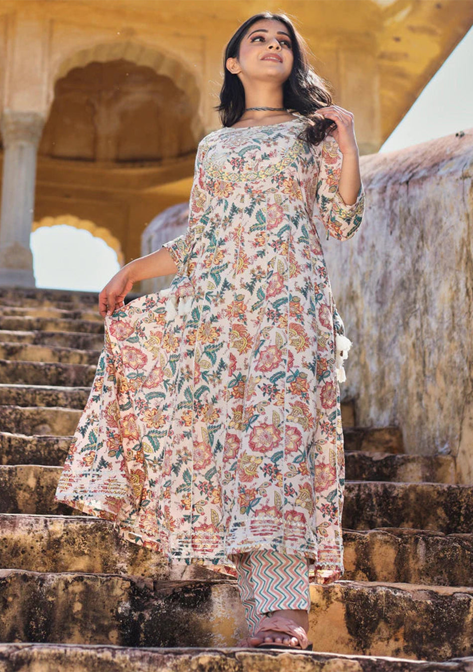 Off white Printed Anarkali Kurta Pant Set