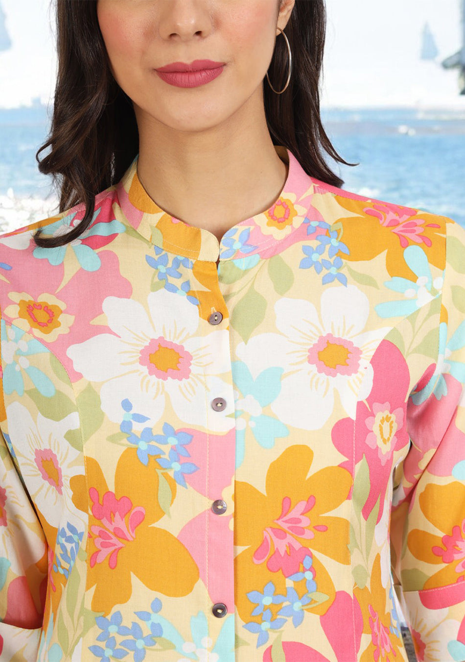 Yellow Floral Printed Fold Sleeve Rayon Top