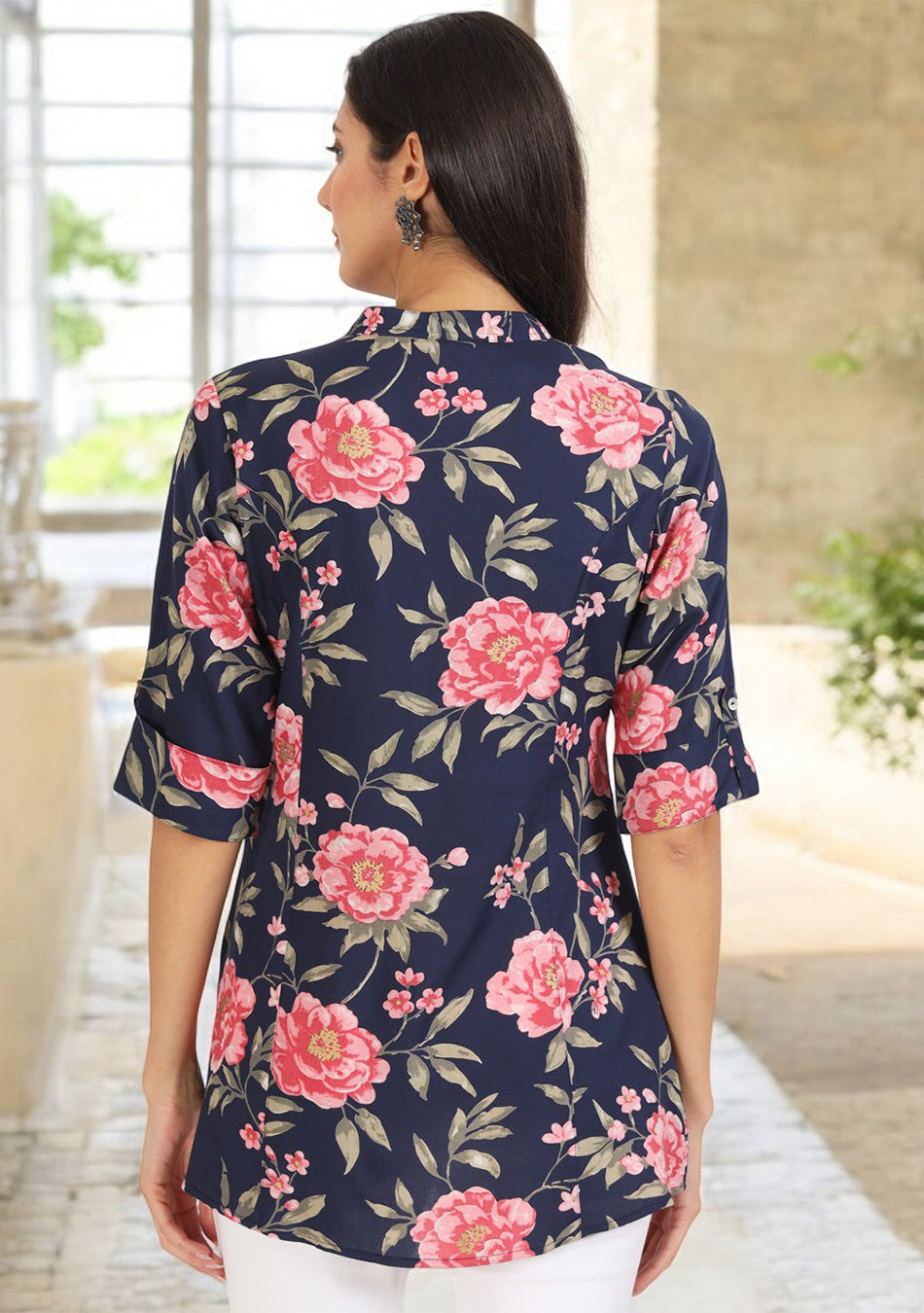 Navy Blue Floral Printed Rayon Top