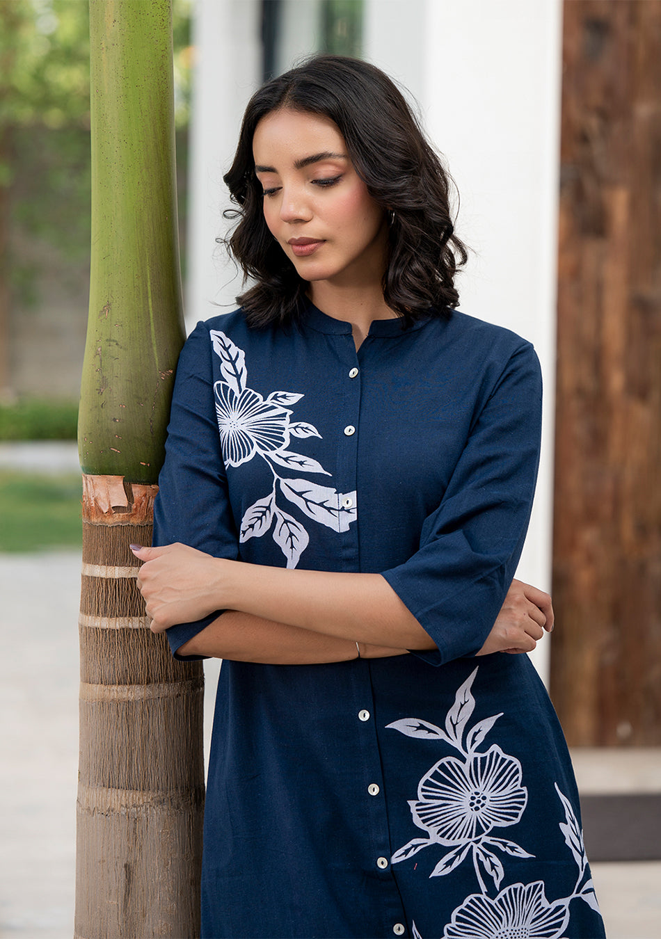 Navy Blue Floral Pattern Kurta Pant Set
