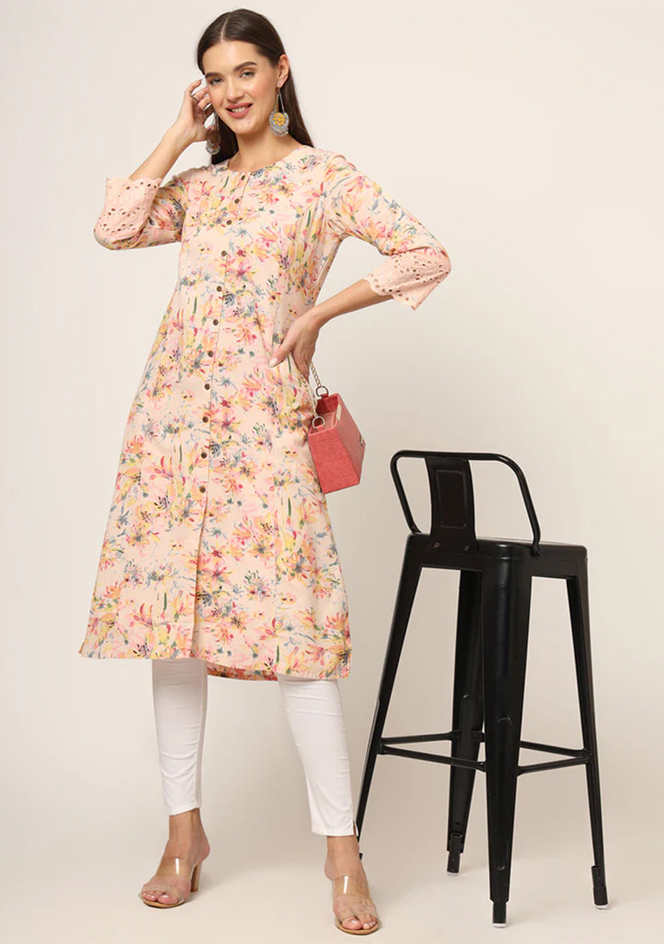 Pink Floral Printed Cotton A-Line Fold Sleeve Kurta