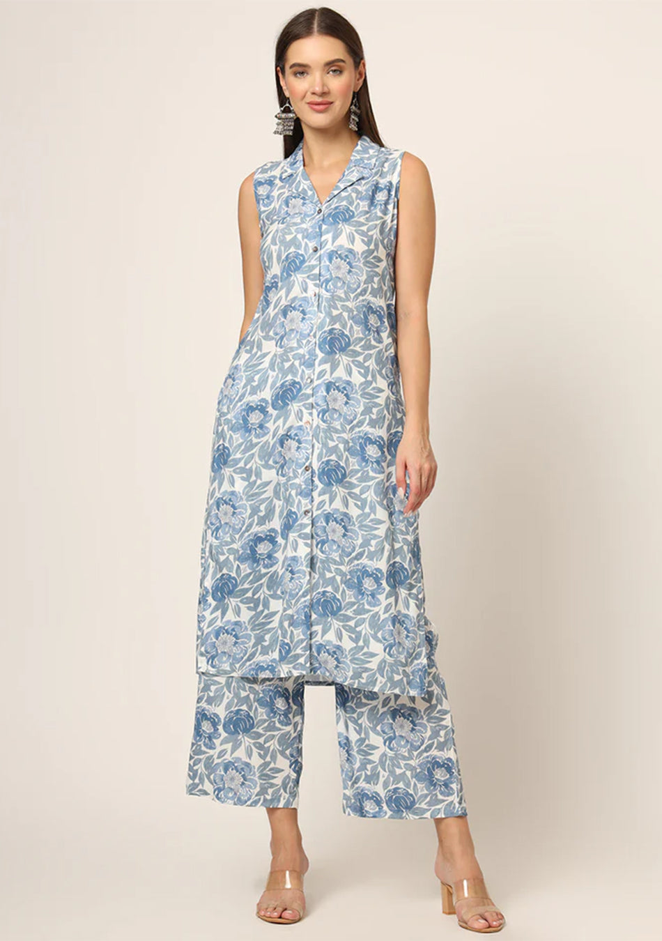Blue Printed Rayon Fabric Straight Kurta Set