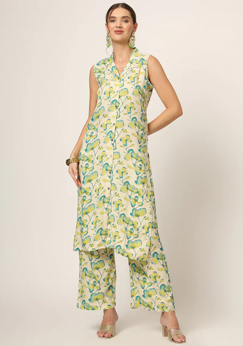 Cream Printed Rayon Fabric Straight Kurta Set