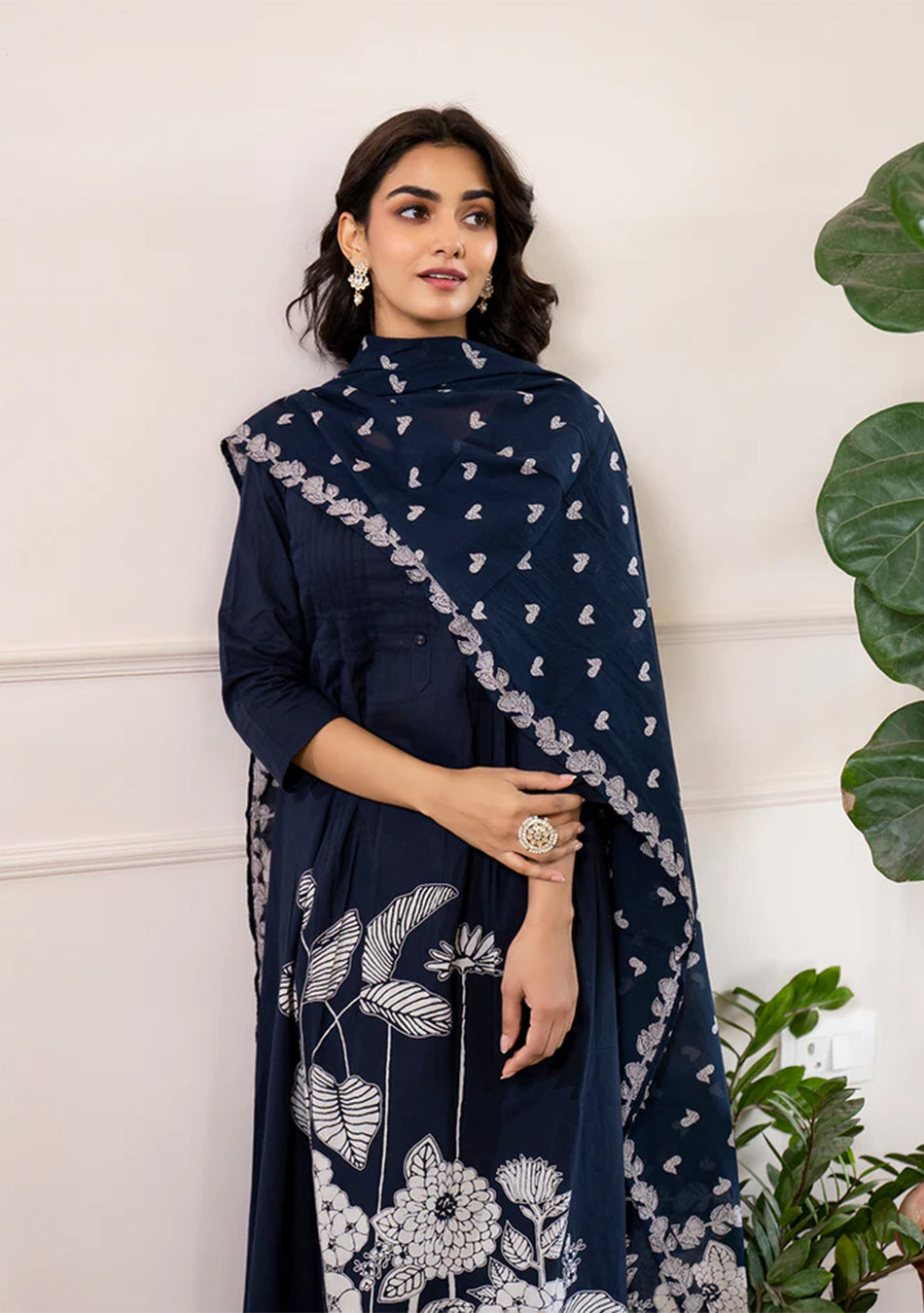 Navy Blue Printed A-Line Cotton Kurta Set
