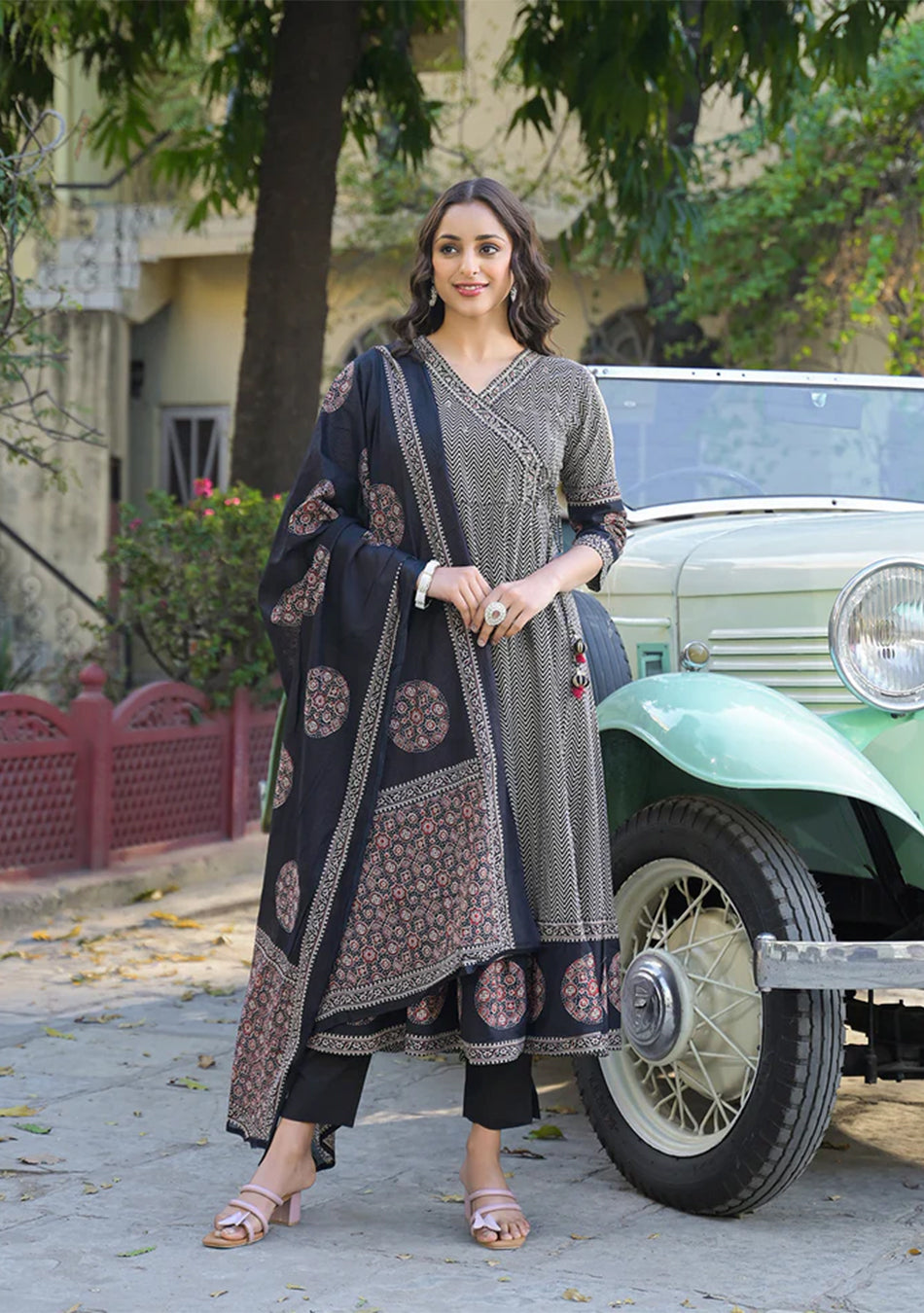 Black Printed Cotton Fabric Anarkali Kurta Pant With Dupatta
