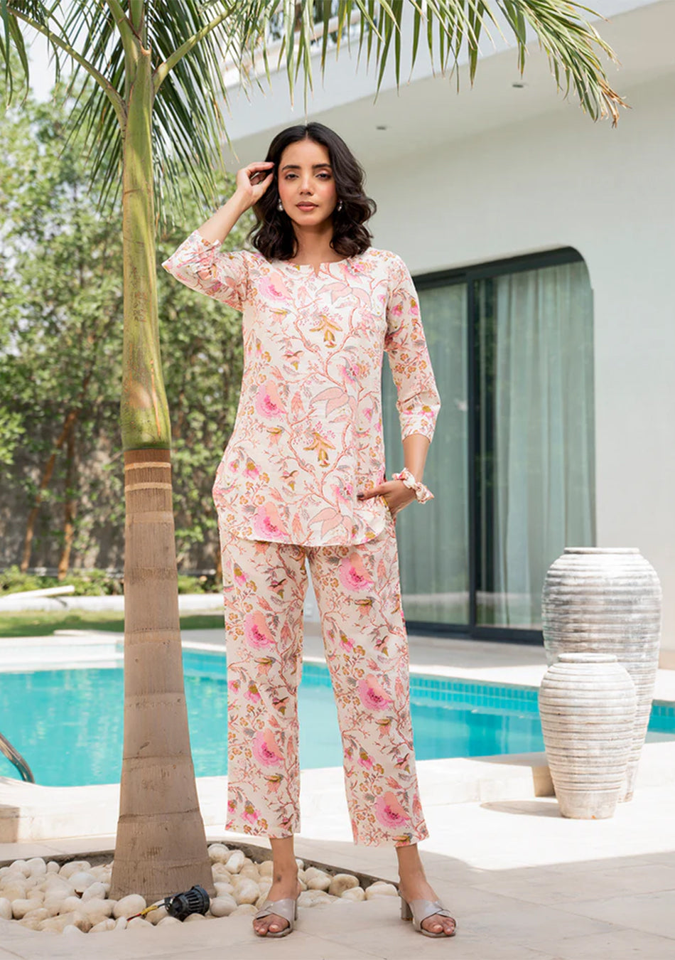 Cream Floral Print Cotton Regular Fit Night Suit Set