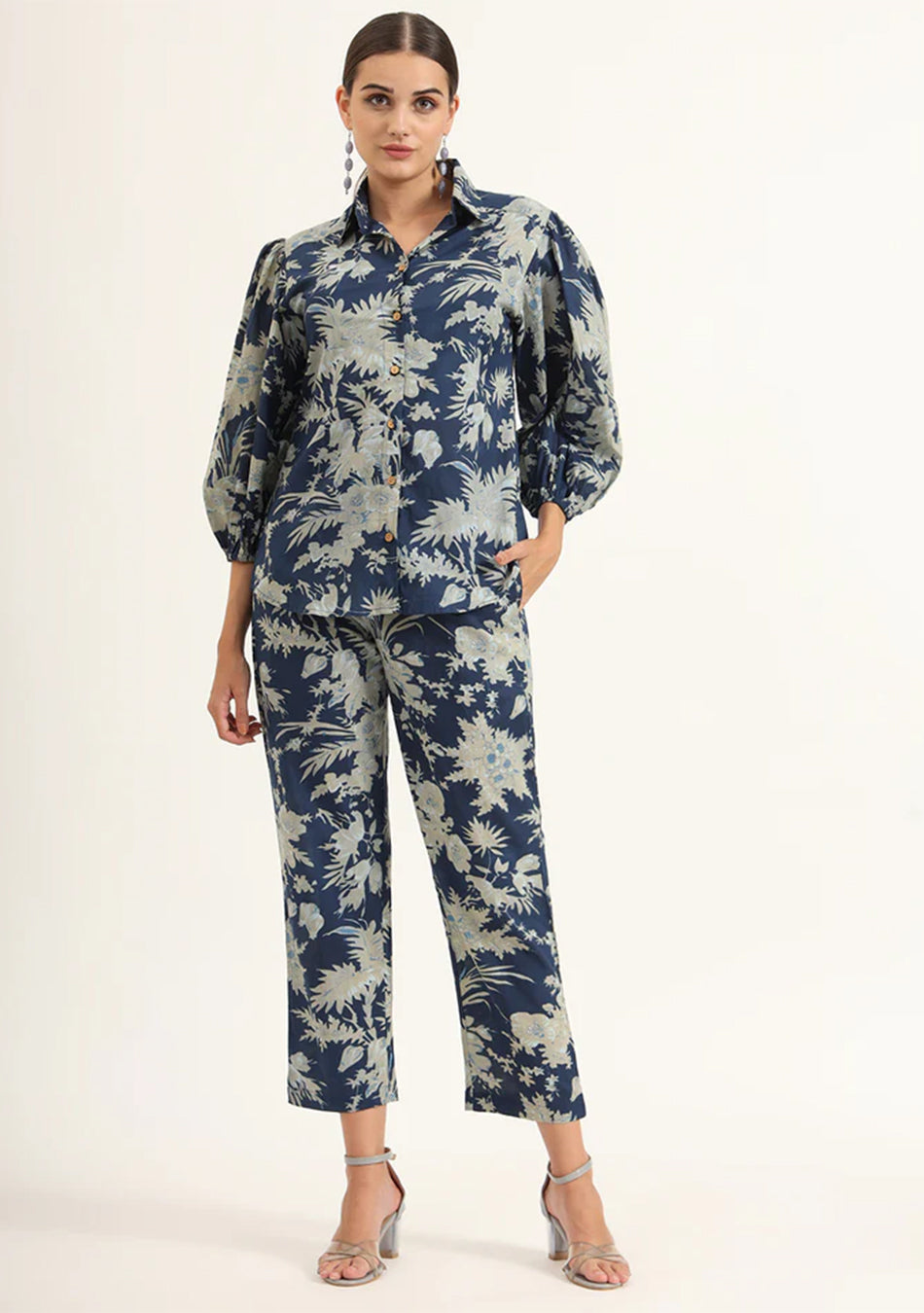 Navy Floral Print Pure Cotton Straight Co-ord Set