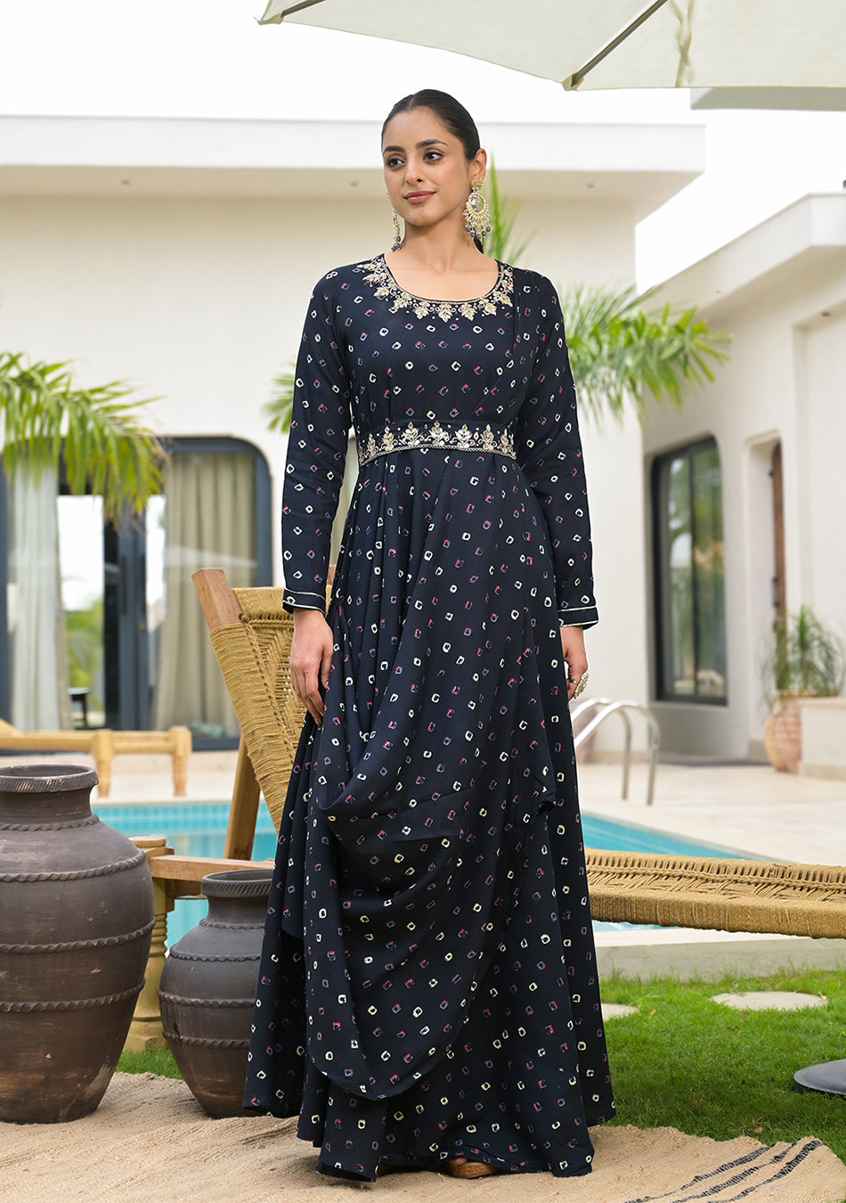 Navy Blue Bandhani Print Flared Long Dress with Belt